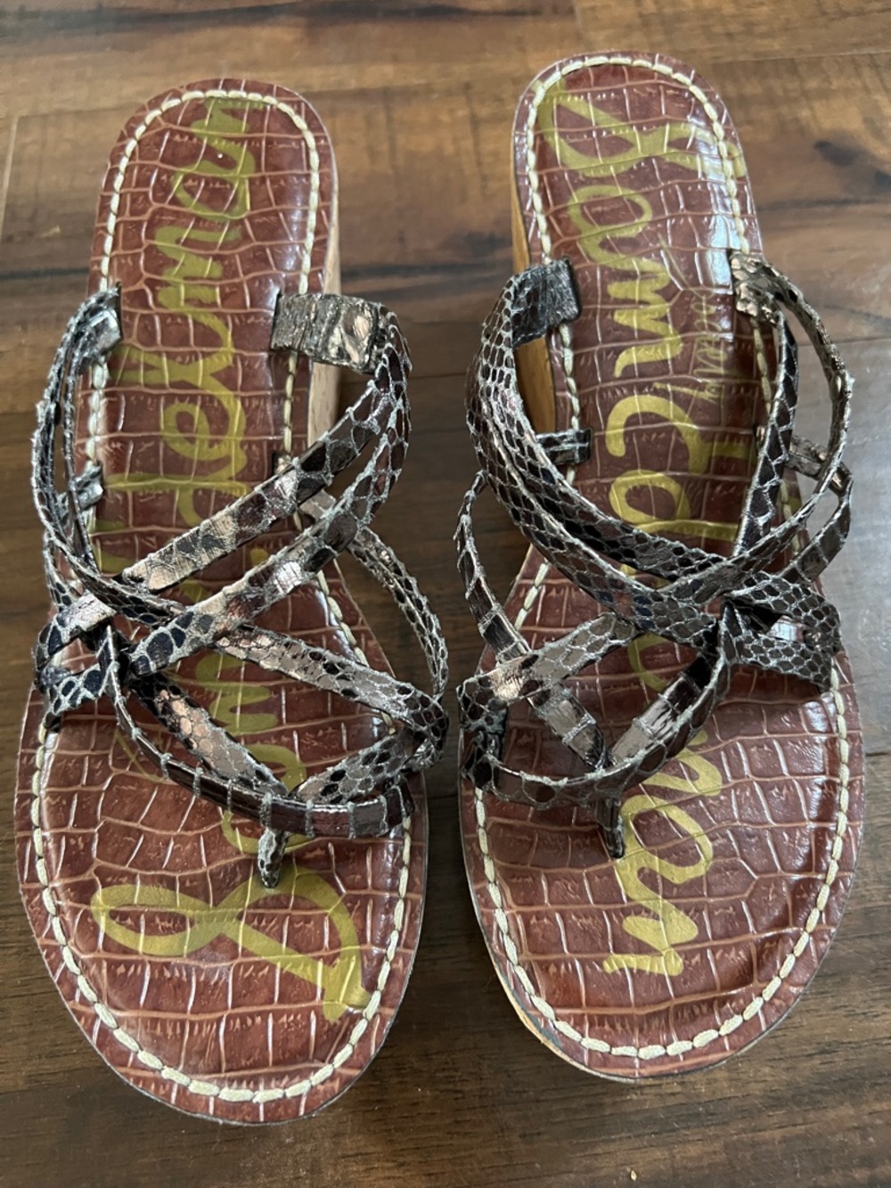 Sam Edelman Reana Pewter Snake Strapped Thong Cork Wedge Sandal Women’s 8.5